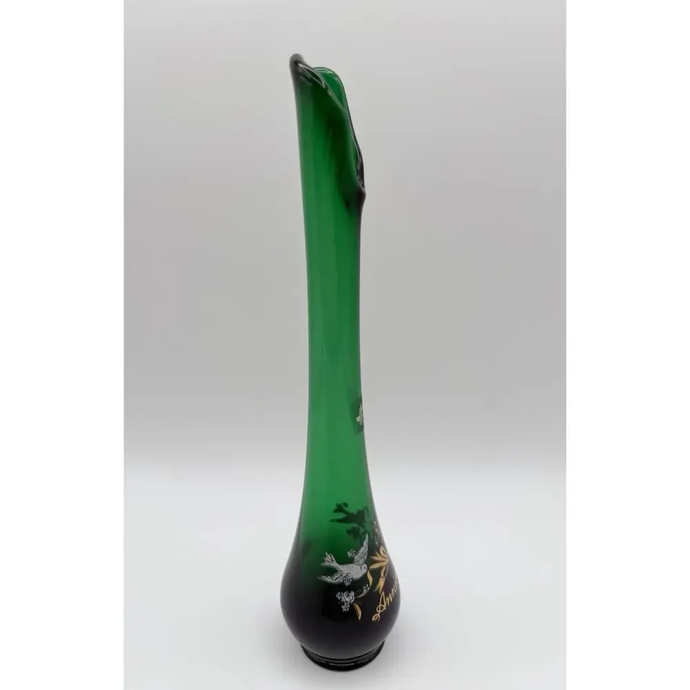 Viking Emerald Green Swung Glass Bud Vase 10.5” 35th Anniversary with Label MCM